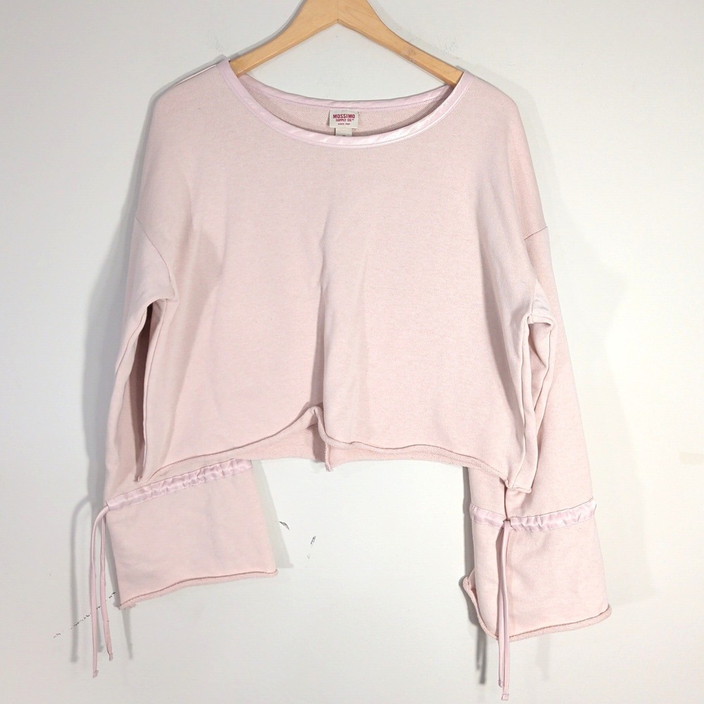 Pink Cropped Sweatshirt; Bell Sleeve Tie Detail Raw Hem